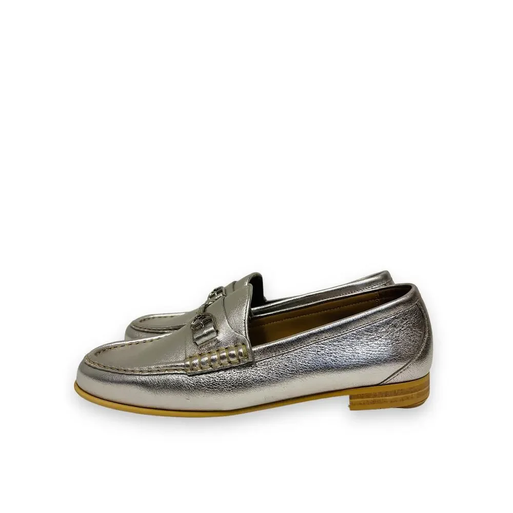 BALLY Silver Metallic Leather Manoela Buckle Accent Slip-On Loafers Flats 37 -7 - Picture 2 of 11